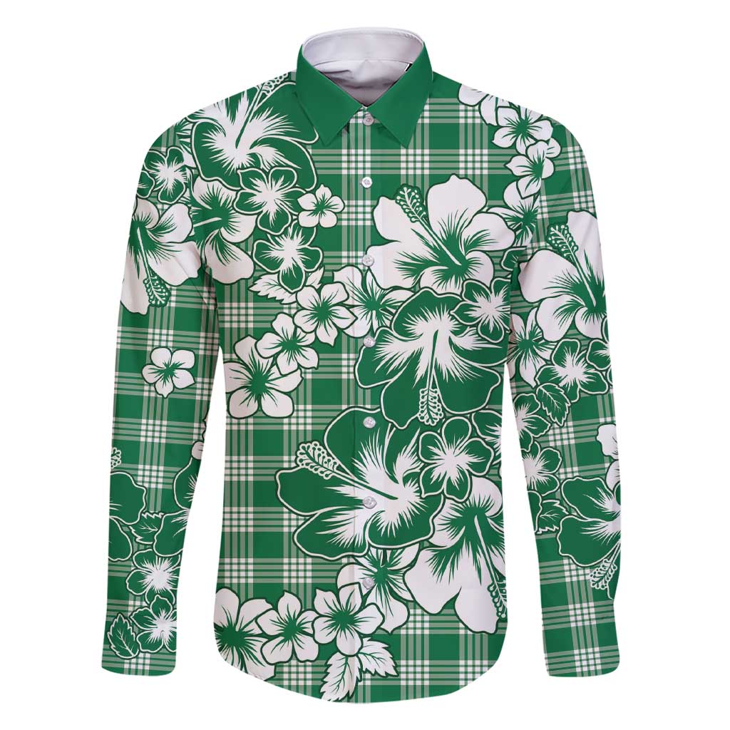 Hibiscus Pakala Emerald Green Family Matching Short Sleeve Bodycon Dress and Hawaiian Shirt Tropical Floral Stylized LT01 Dad's Shirt - Long Sleeve Green - Polynesian Pride