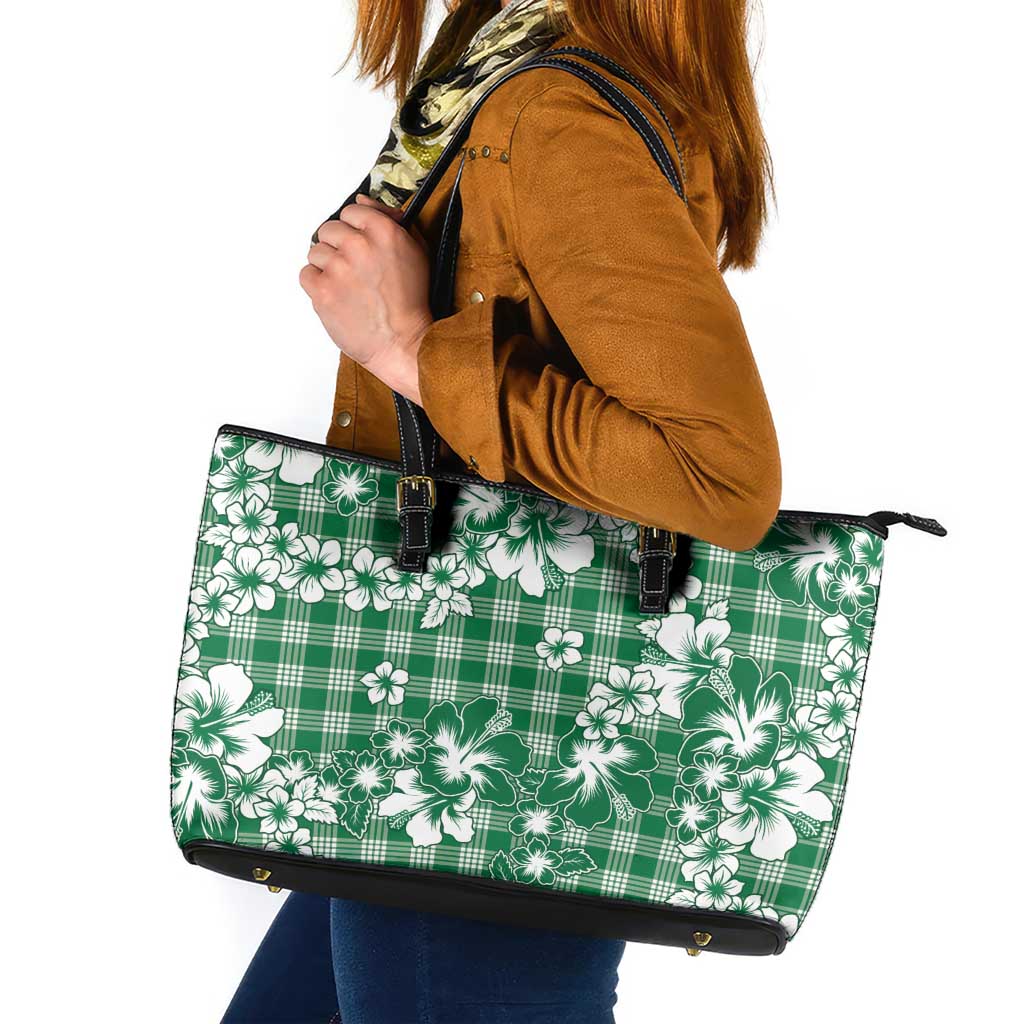 Hibiscus Pakala Emerald Green Leather Tote Bag Tropical Floral Stylized - Polynesian Pride