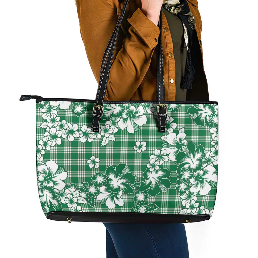 Hibiscus Pakala Emerald Green Leather Tote Bag Tropical Floral Stylized - Polynesian Pride