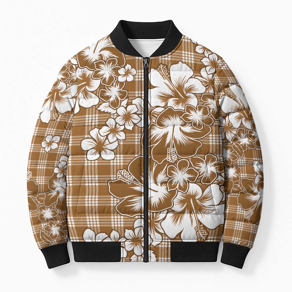 Hibiscus Pakala Bronze Brown Bomber Puffer Jacket Tropical Floral Stylized LT01 Unisex Brown - Polynesian Pride