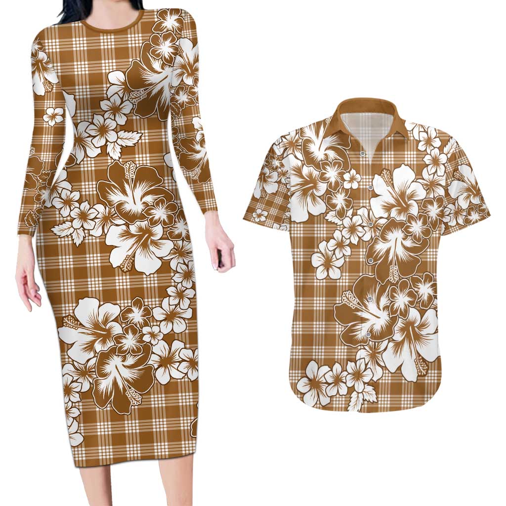 Hibiscus Pakala Bronze Brown Couples Matching Long Sleeve Bodycon Dress and Hawaiian Shirt Tropical Floral Stylized - Polynesian Pride