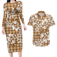 Hibiscus Pakala Bronze Brown Couples Matching Long Sleeve Bodycon Dress and Hawaiian Shirt Tropical Floral Stylized - Polynesian Pride