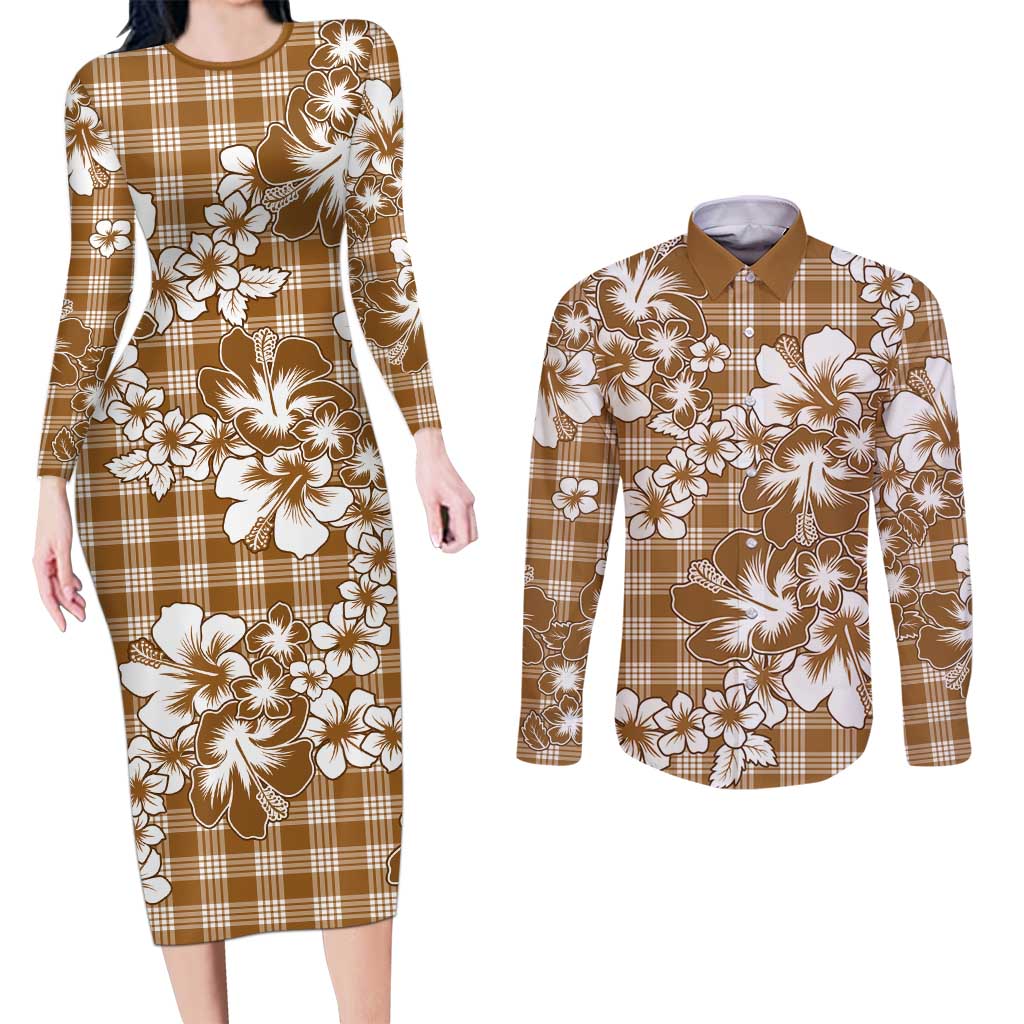 Hibiscus Pakala Bronze Brown Couples Matching Long Sleeve Bodycon Dress and Long Sleeve Button Shirt Tropical Floral Stylized - Polynesian Pride