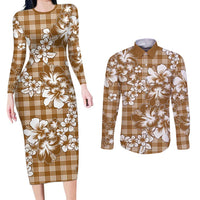 Hibiscus Pakala Bronze Brown Couples Matching Long Sleeve Bodycon Dress and Long Sleeve Button Shirt Tropical Floral Stylized - Polynesian Pride