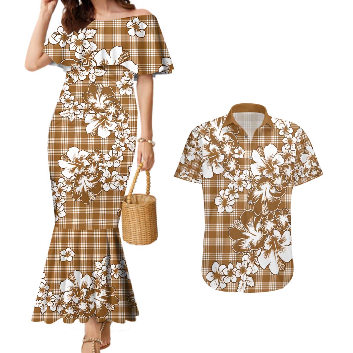 Hibiscus Pakala Bronze Brown Couples Matching Mermaid Dress and Hawaiian Shirt Tropical Floral Stylized LT01 Brown - Polynesian Pride