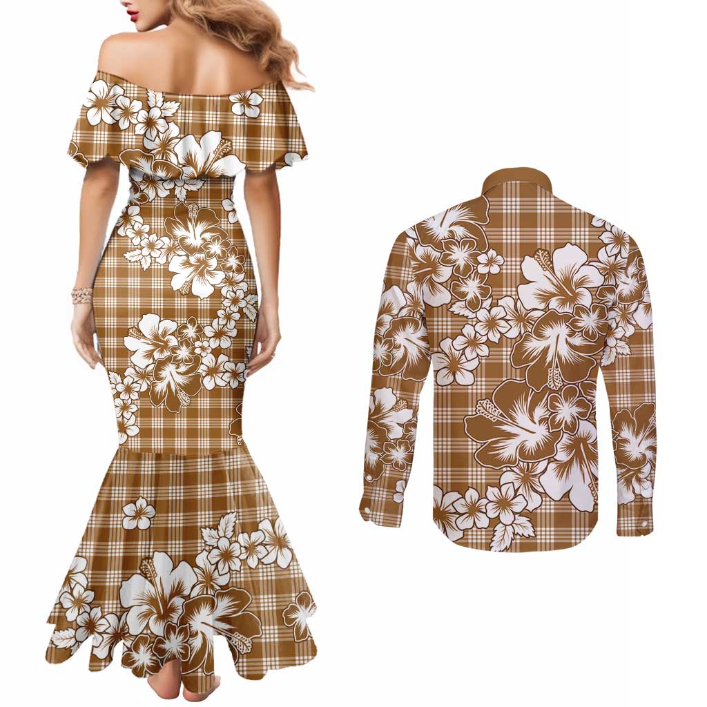 Hibiscus Pakala Bronze Brown Couples Matching Mermaid Dress and Long Sleeve Button Shirt Tropical Floral Stylized LT01 - Polynesian Pride