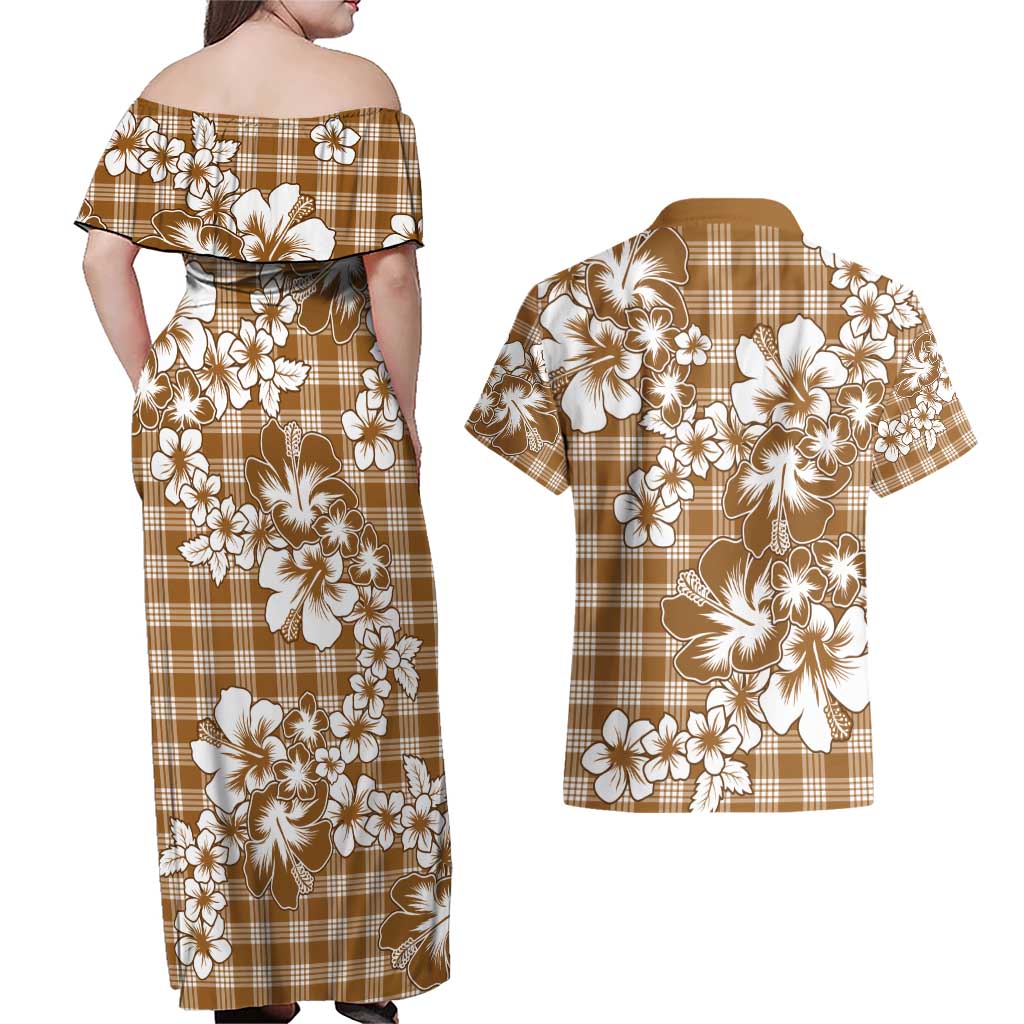 Hibiscus Pakala Bronze Brown Couples Matching Off Shoulder Maxi Dress and Hawaiian Shirt Tropical Floral Stylized - Polynesian Pride