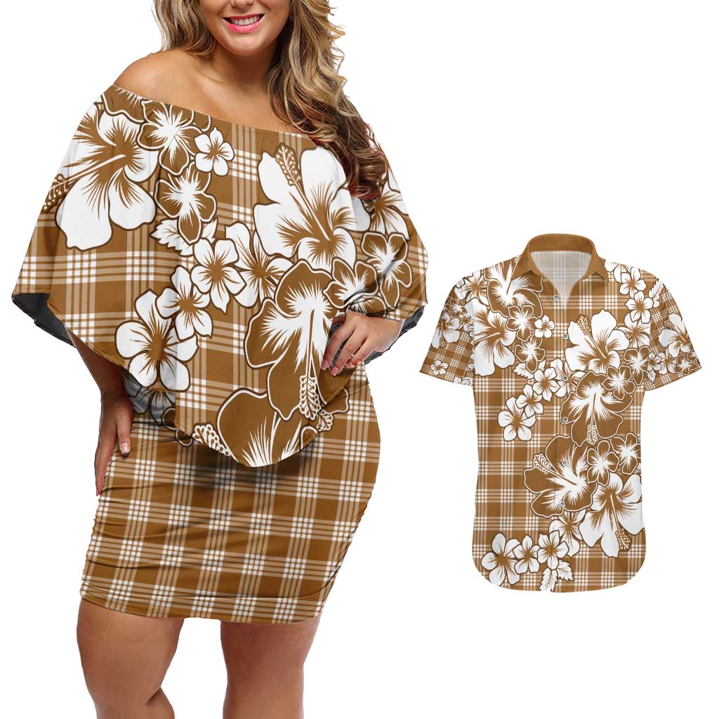 Hibiscus Pakala Bronze Brown Couples Matching Off Shoulder Short Dress and Hawaiian Shirt Tropical Floral Stylized LT01 Brown - Polynesian Pride