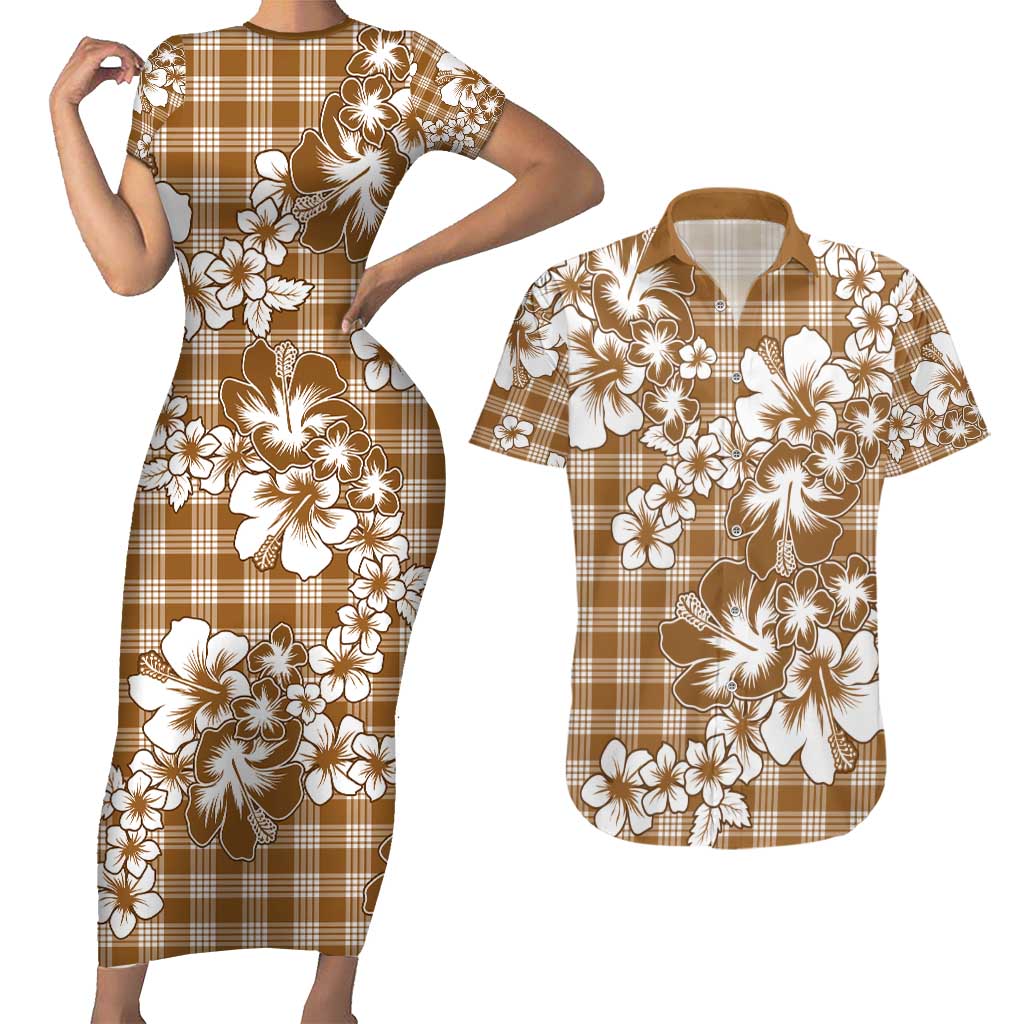 Hibiscus Pakala Bronze Brown Couples Matching Short Sleeve Bodycon Dress and Hawaiian Shirt Tropical Floral Stylized LT01 Brown - Polynesian Pride