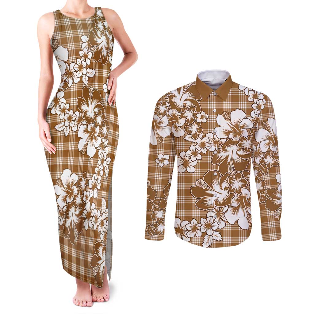 Hibiscus Pakala Bronze Brown Couples Matching Tank Maxi Dress and Long Sleeve Button Shirt Tropical Floral Stylized LT01 Brown - Polynesian Pride
