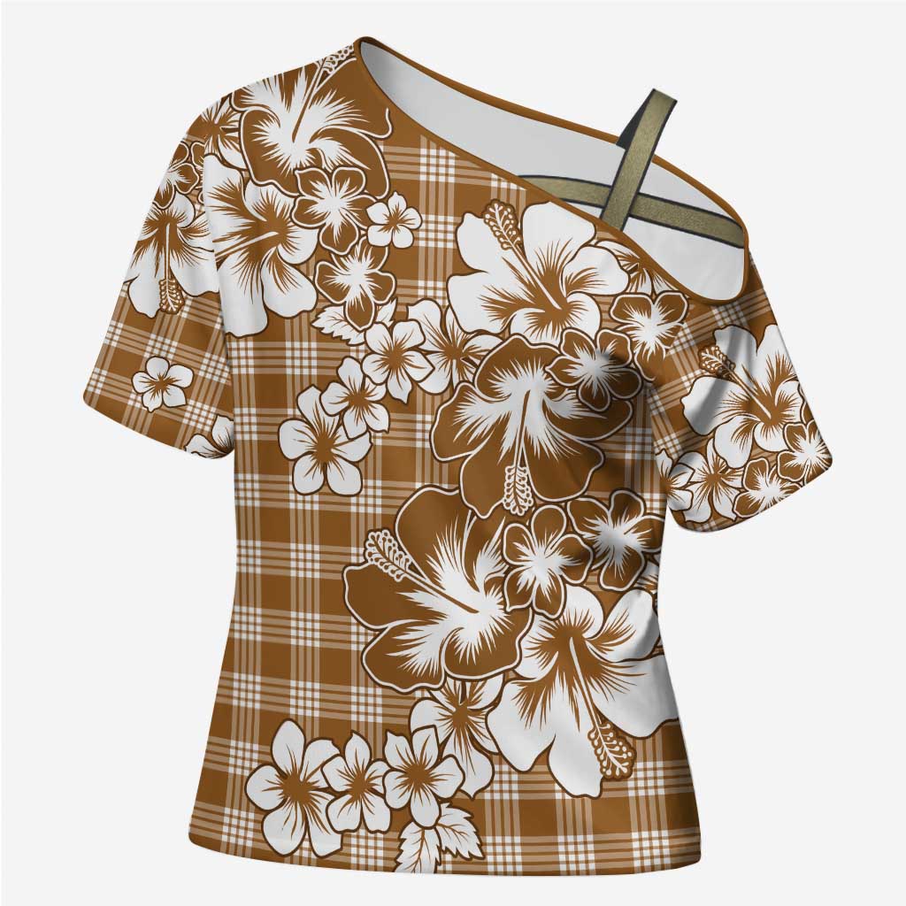 Hibiscus Pakala Bronze Brown Cross Shoulder Shirt Tropical Floral Stylized - Polynesian Pride