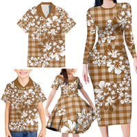 Hibiscus Pakala Bronze Brown Family Matching Long Sleeve Bodycon Dress and Hawaiian Shirt Tropical Floral Stylized LT01 - Polynesian Pride