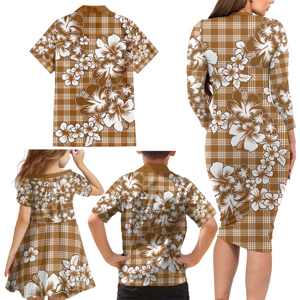 Hibiscus Pakala Bronze Brown Family Matching Long Sleeve Bodycon Dress and Hawaiian Shirt Tropical Floral Stylized LT01 - Polynesian Pride