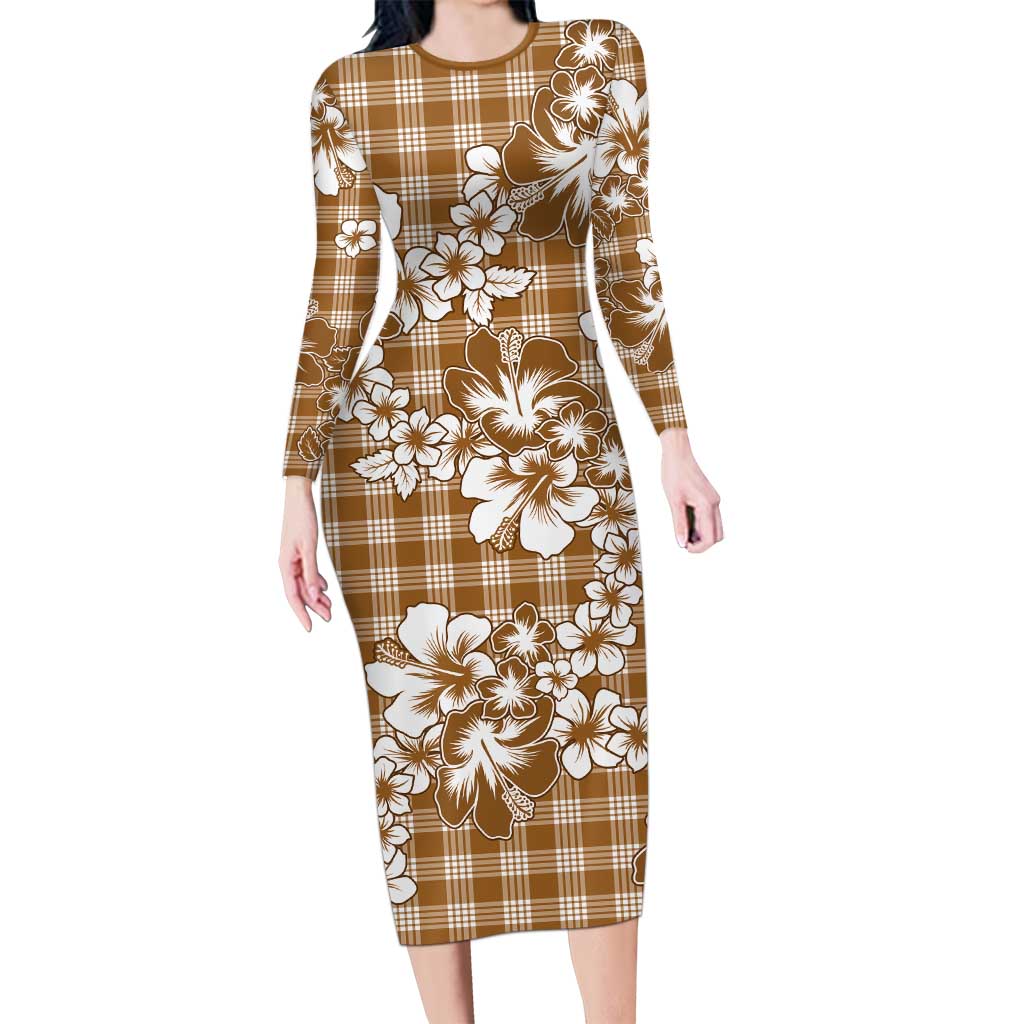 Hibiscus Pakala Bronze Brown Family Matching Long Sleeve Bodycon Dress and Hawaiian Shirt Tropical Floral Stylized LT01 Mom's Dress Brown - Polynesian Pride