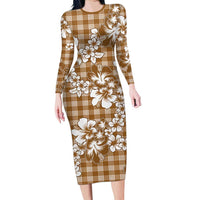Hibiscus Pakala Bronze Brown Family Matching Long Sleeve Bodycon Dress and Hawaiian Shirt Tropical Floral Stylized LT01 Mom's Dress Brown - Polynesian Pride