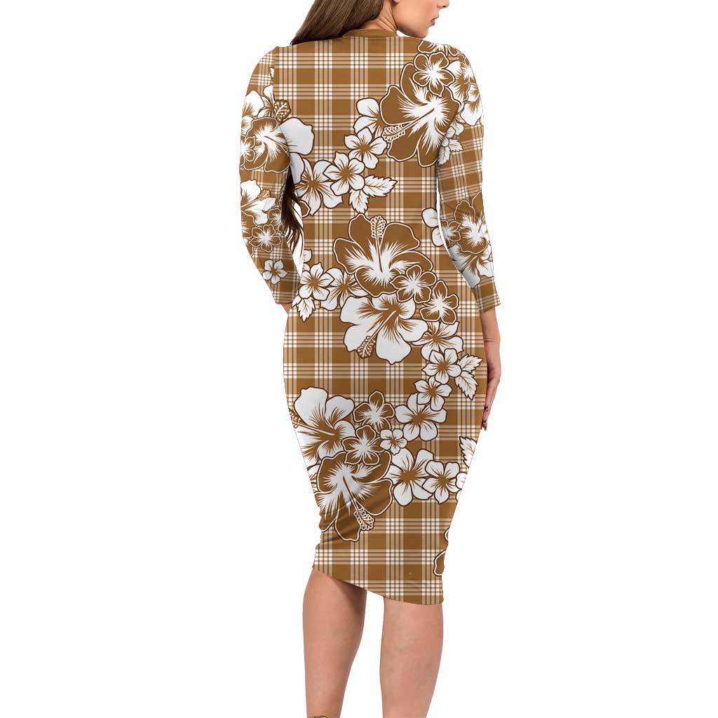 Hibiscus Pakala Bronze Brown Family Matching Long Sleeve Bodycon Dress and Hawaiian Shirt Tropical Floral Stylized LT01 - Polynesian Pride