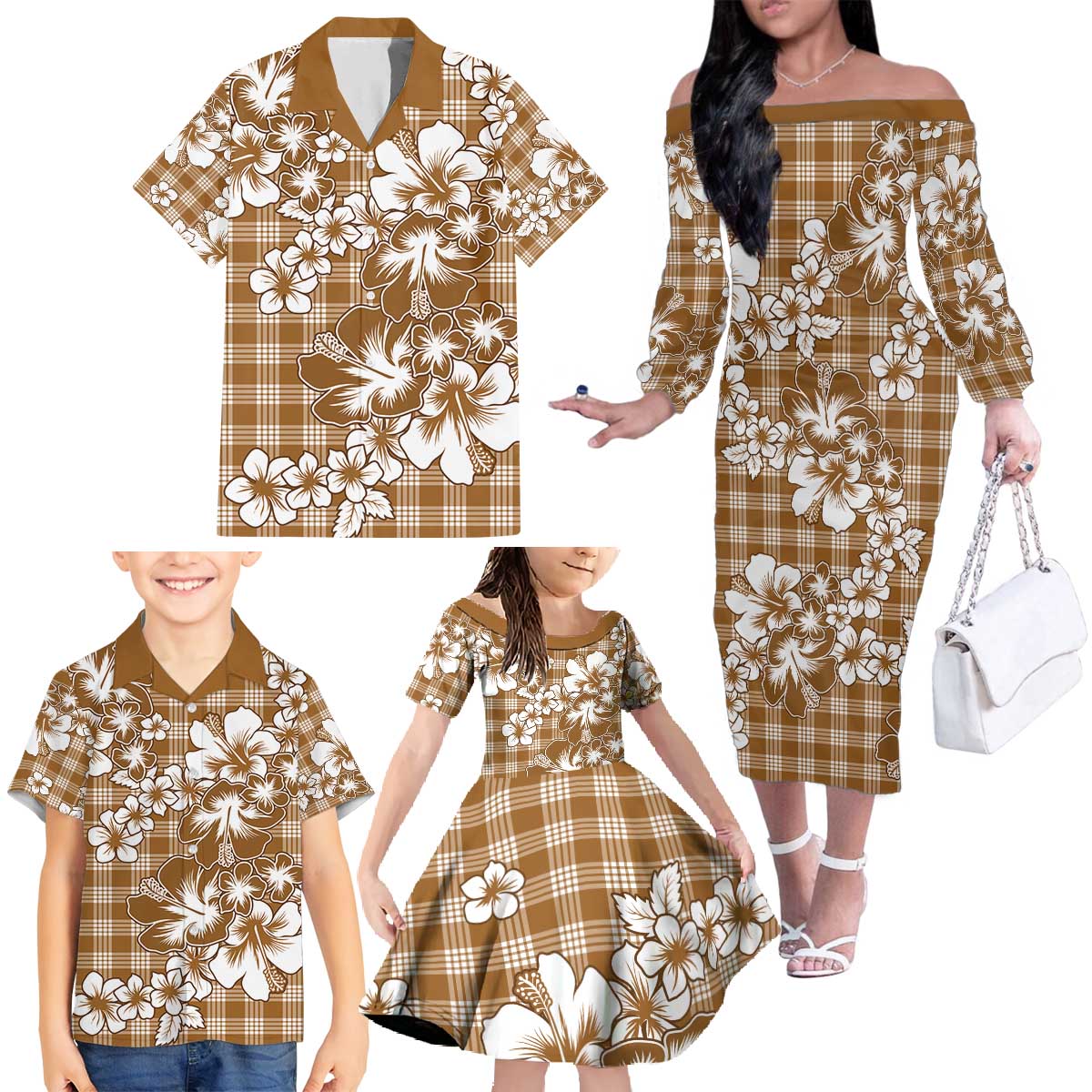 Hibiscus Pakala Bronze Brown Family Matching Off The Shoulder Long Sleeve Dress and Hawaiian Shirt Tropical Floral Stylized LT01 - Polynesian Pride