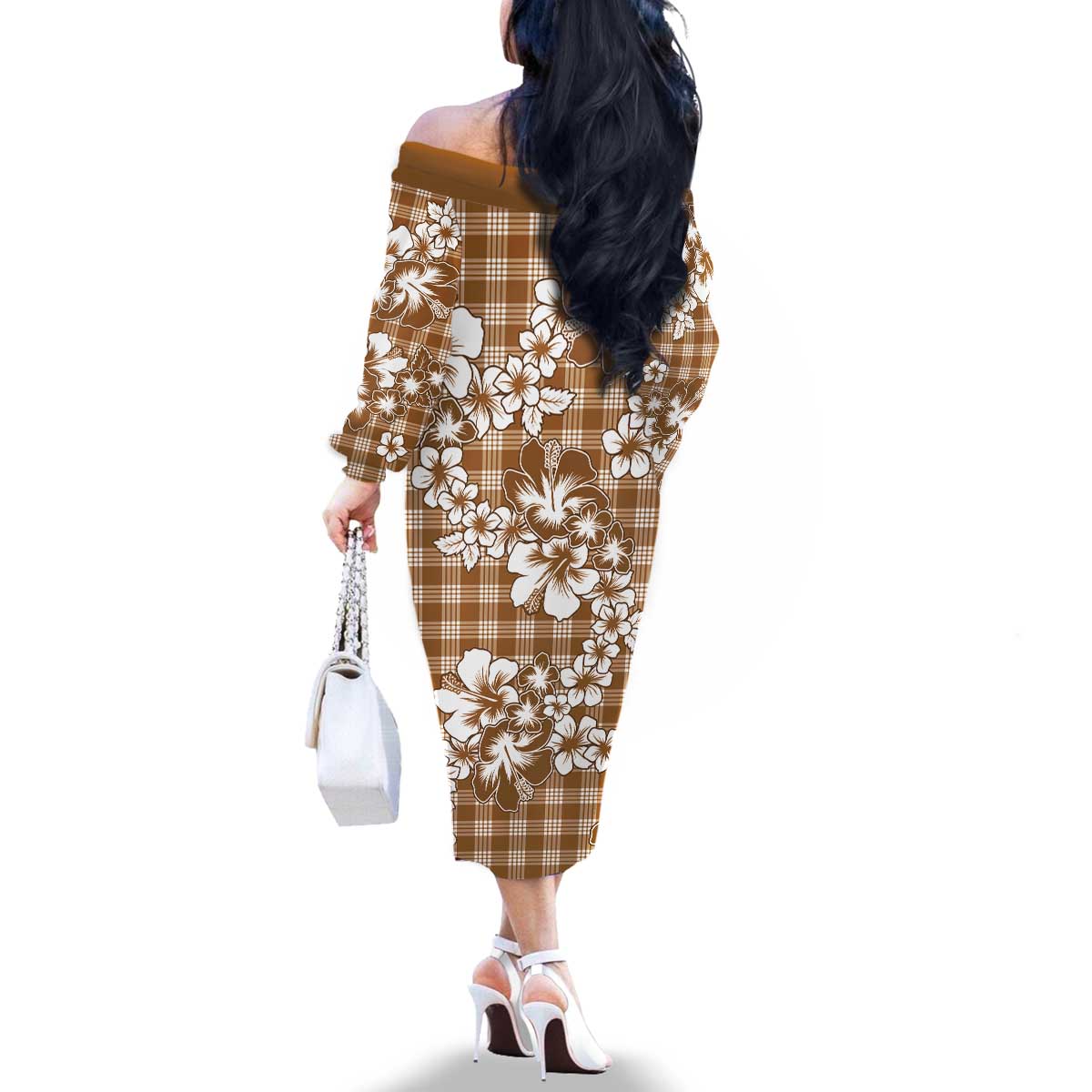 Hibiscus Pakala Bronze Brown Family Matching Off The Shoulder Long Sleeve Dress and Hawaiian Shirt Tropical Floral Stylized LT01 - Polynesian Pride