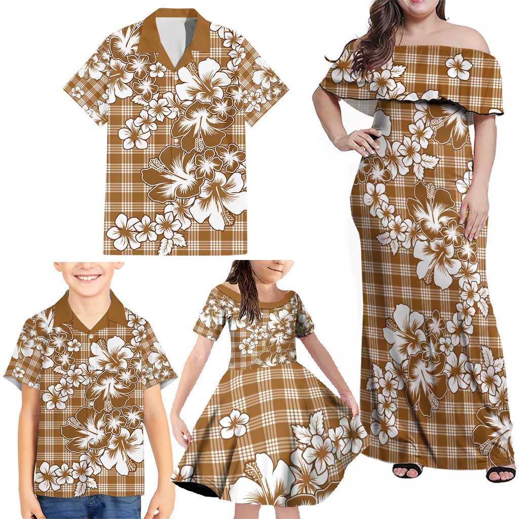 Hibiscus Pakala Bronze Brown Family Matching Off Shoulder Maxi Dress and Hawaiian Shirt Tropical Floral Stylized - Polynesian Pride