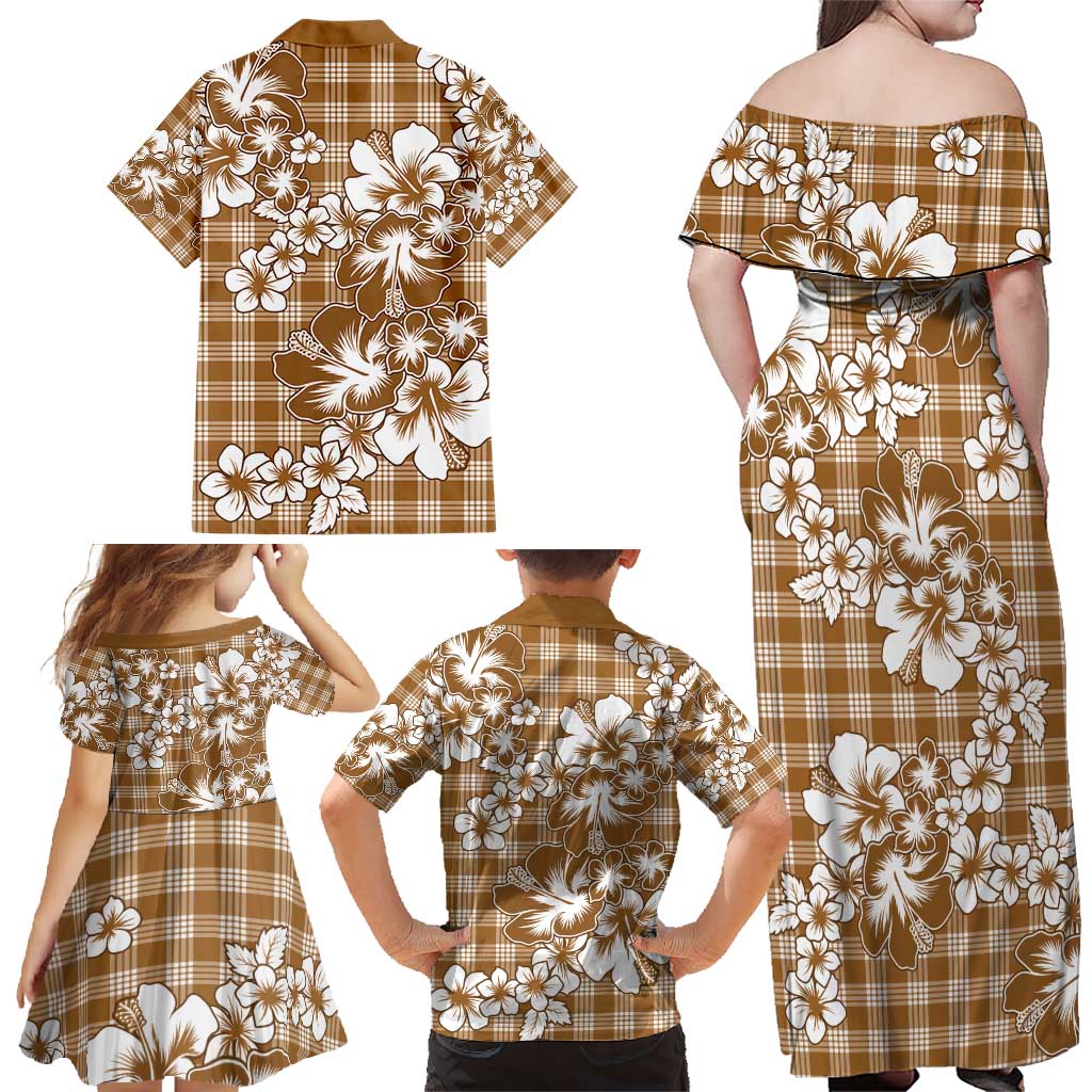 Hibiscus Pakala Bronze Brown Family Matching Off Shoulder Maxi Dress and Hawaiian Shirt Tropical Floral Stylized - Polynesian Pride