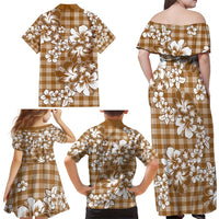 Hibiscus Pakala Bronze Brown Family Matching Off Shoulder Maxi Dress and Hawaiian Shirt Tropical Floral Stylized - Polynesian Pride