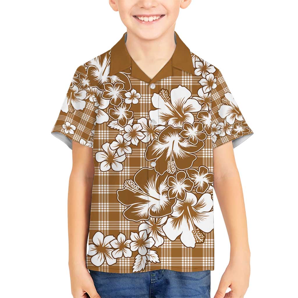 Hibiscus Pakala Bronze Brown Family Matching Off Shoulder Maxi Dress and Hawaiian Shirt Tropical Floral Stylized - Polynesian Pride