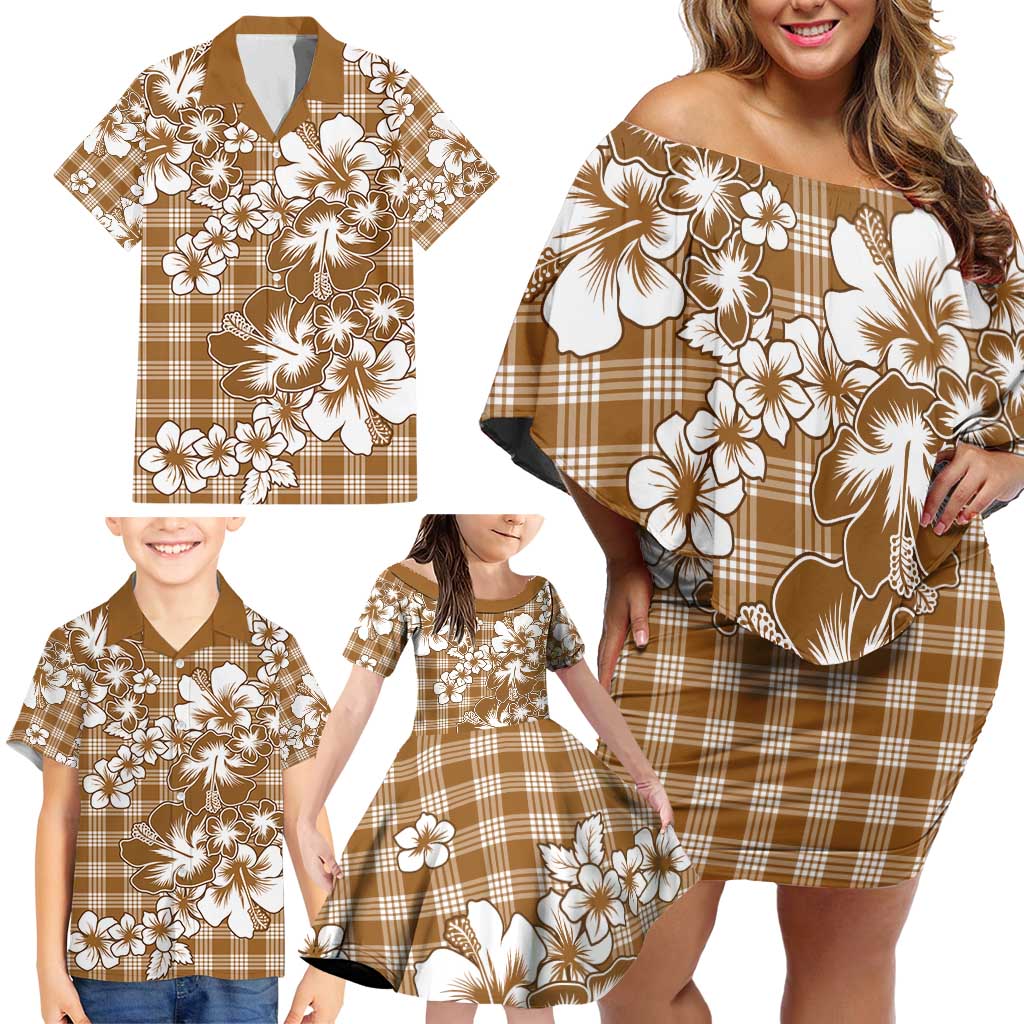 Hibiscus Pakala Bronze Brown Family Matching Off Shoulder Short Dress and Hawaiian Shirt Tropical Floral Stylized LT01 - Polynesian Pride