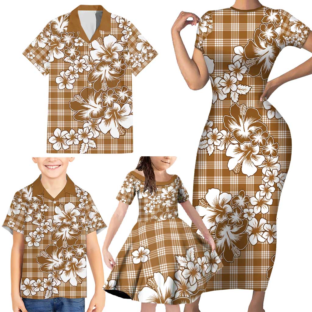 Hibiscus Pakala Bronze Brown Family Matching Short Sleeve Bodycon Dress and Hawaiian Shirt Tropical Floral Stylized LT01 - Polynesian Pride
