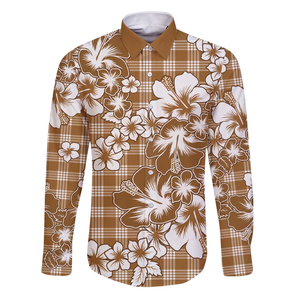 Hibiscus Pakala Bronze Brown Family Matching Short Sleeve Bodycon Dress and Hawaiian Shirt Tropical Floral Stylized LT01 Dad's Shirt - Long Sleeve Brown - Polynesian Pride