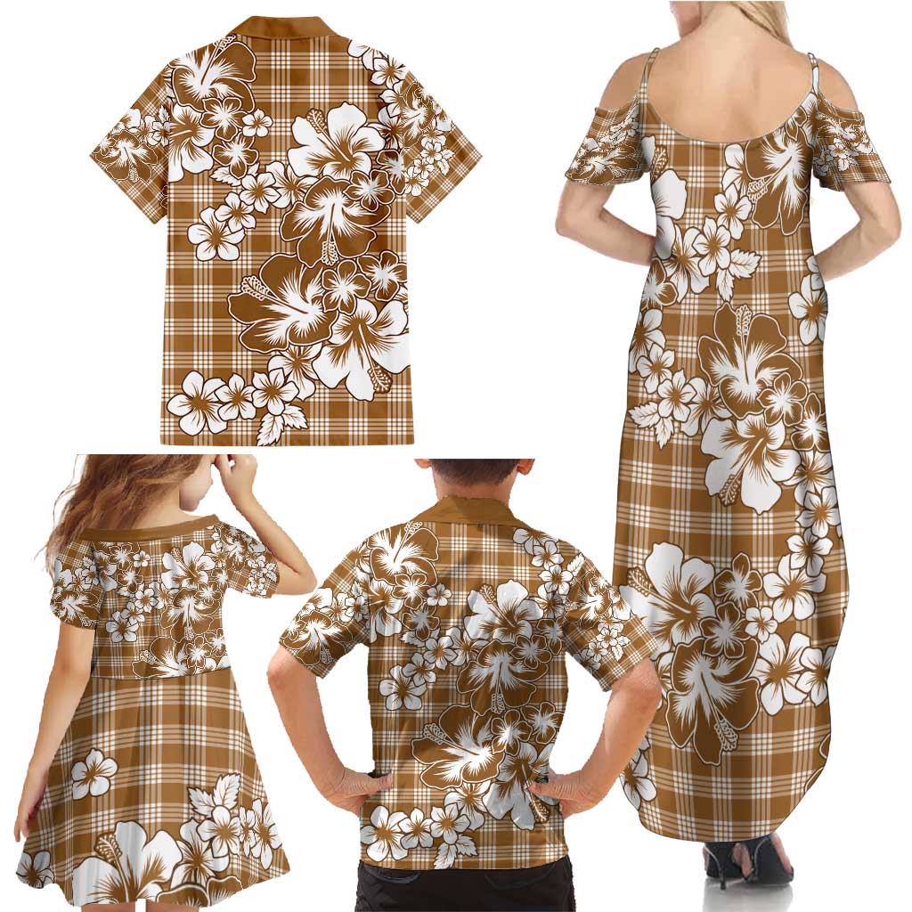 Hibiscus Pakala Bronze Brown Family Matching Summer Maxi Dress and Hawaiian Shirt Tropical Floral Stylized - Polynesian Pride