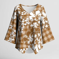 Hibiscus Pakala Bronze Brown Kimono Sleeve Blouse Tropical Floral Stylized - Polynesian Pride