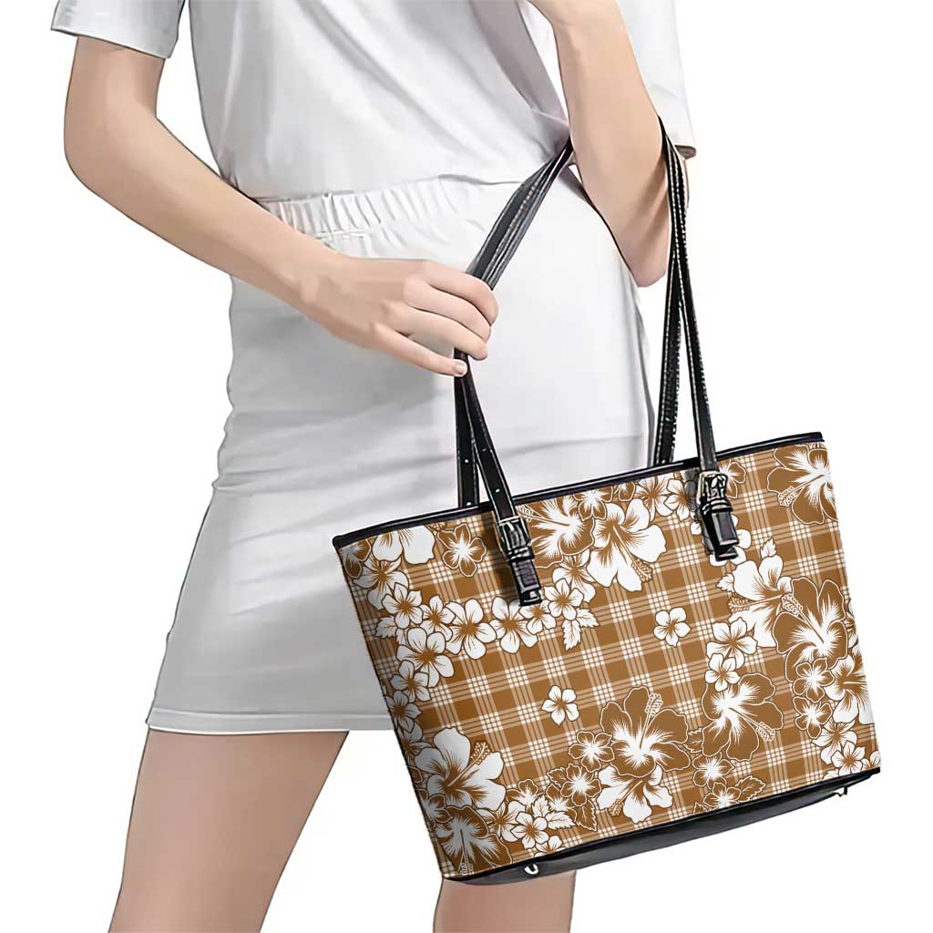 Hibiscus Pakala Bronze Brown Leather Tote Bag Tropical Floral Stylized - Polynesian Pride