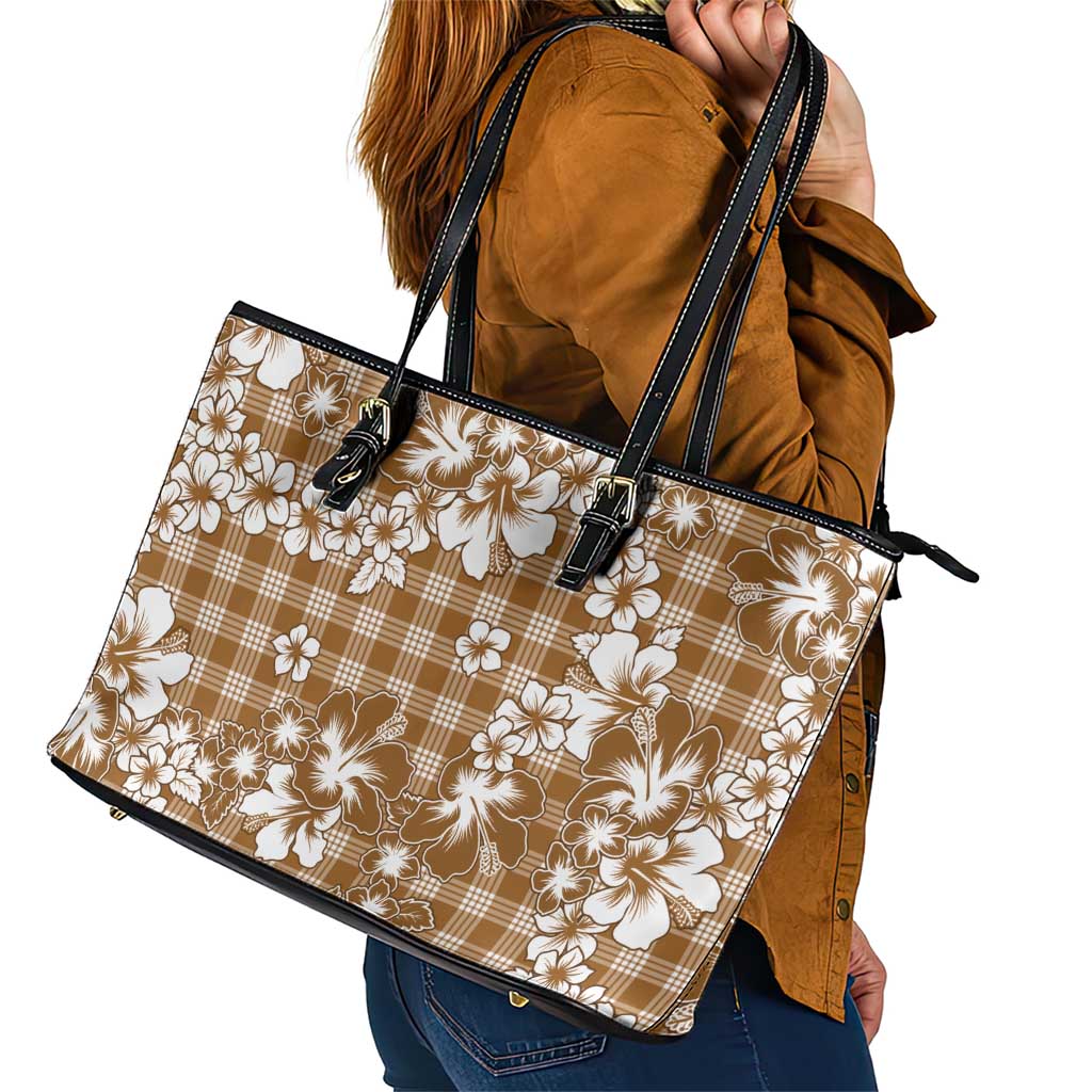 Hibiscus Pakala Bronze Brown Leather Tote Bag Tropical Floral Stylized - Polynesian Pride