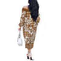 Hibiscus Pakala Bronze Brown Off The Shoulder Long Sleeve Dress Tropical Floral Stylized - Polynesian Pride