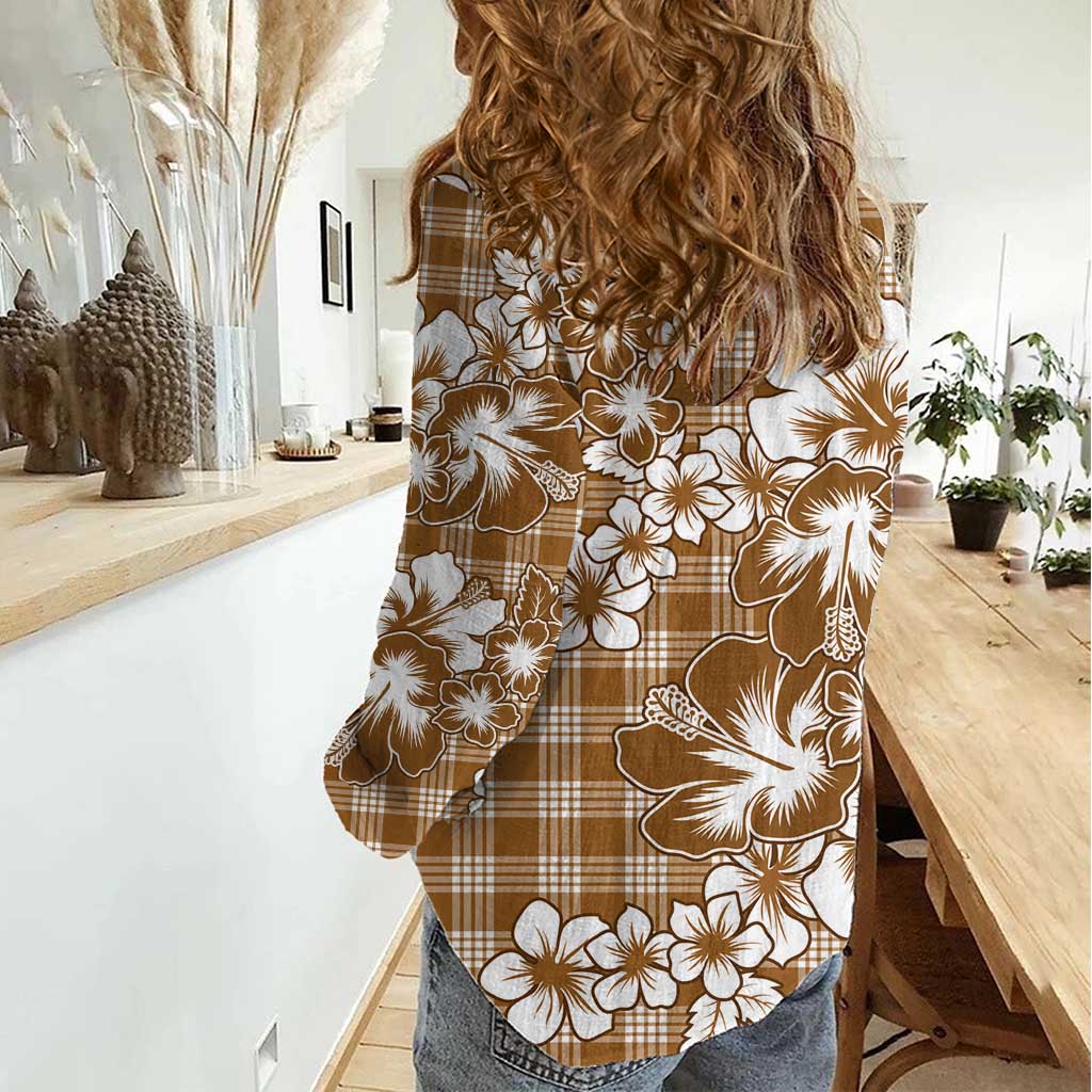 Hibiscus Pakala Bronze Brown Women Casual Shirt Tropical Floral Stylized - Polynesian Pride