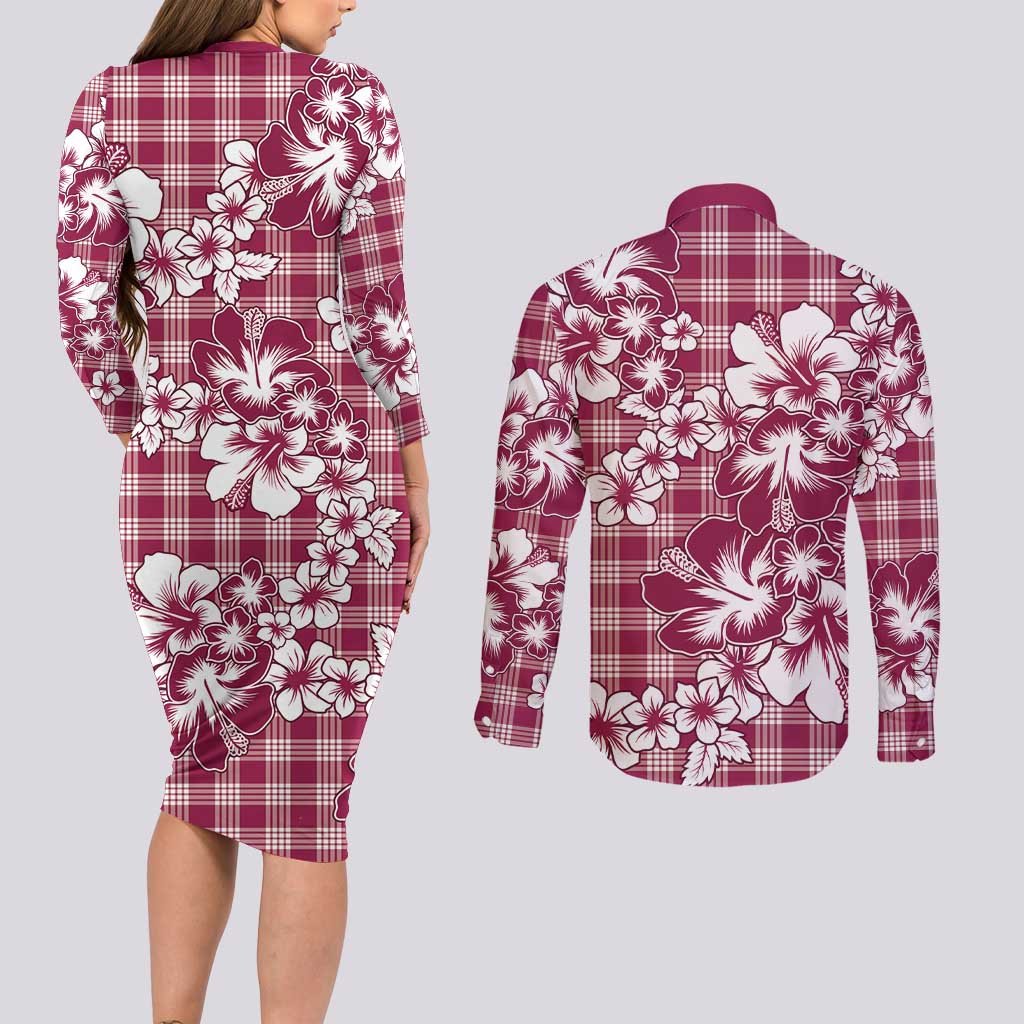 Hibiscus Pakala Royal Magenta Couples Matching Long Sleeve Bodycon Dress and Long Sleeve Button Shirt Tropical Floral Stylized - Polynesian Pride