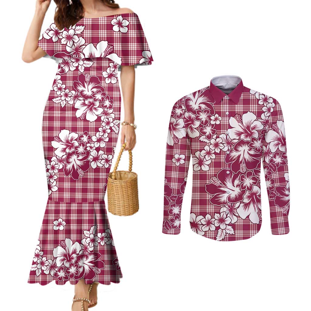 Hibiscus Pakala Royal Magenta Couples Matching Mermaid Dress and Long Sleeve Button Shirt Tropical Floral Stylized - Polynesian Pride