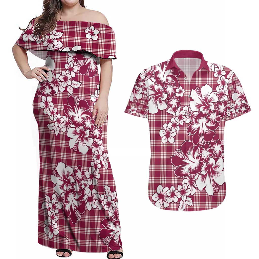Hibiscus Pakala Royal Magenta Couples Matching Off Shoulder Maxi Dress and Hawaiian Shirt Tropical Floral Stylized - Polynesian Pride