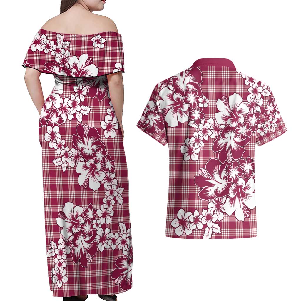 Hibiscus Pakala Royal Magenta Couples Matching Off Shoulder Maxi Dress and Hawaiian Shirt Tropical Floral Stylized - Polynesian Pride