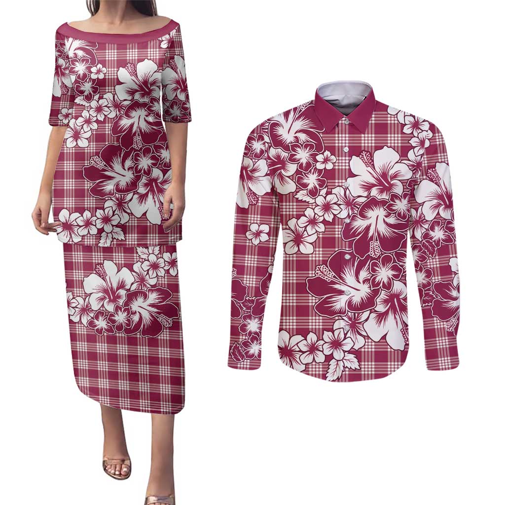 Hibiscus Pakala Royal Magenta Couples Matching Puletasi and Long Sleeve Button Shirt Tropical Floral Stylized - Polynesian Pride