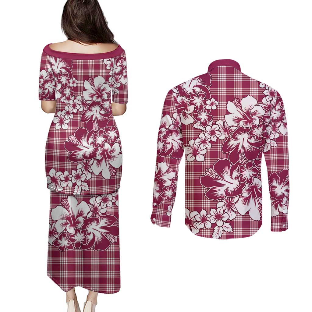 Hibiscus Pakala Royal Magenta Couples Matching Puletasi and Long Sleeve Button Shirt Tropical Floral Stylized - Polynesian Pride