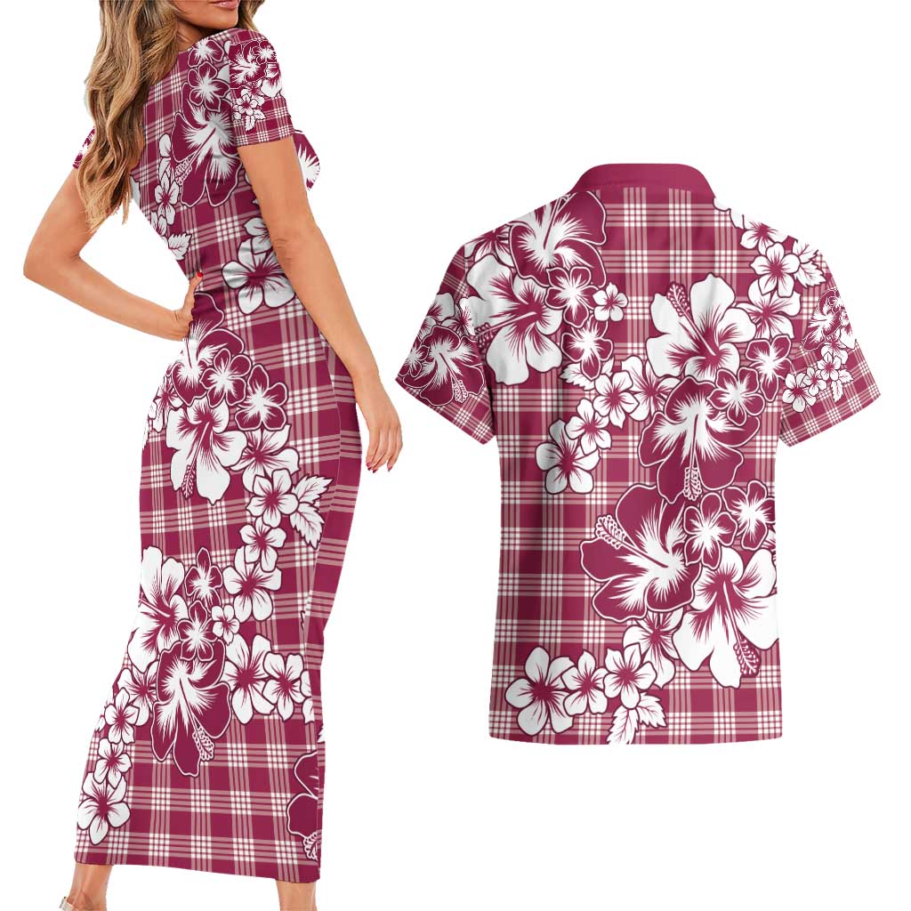 Hibiscus Pakala Royal Magenta Couples Matching Short Sleeve Bodycon Dress and Hawaiian Shirt Tropical Floral Stylized - Polynesian Pride