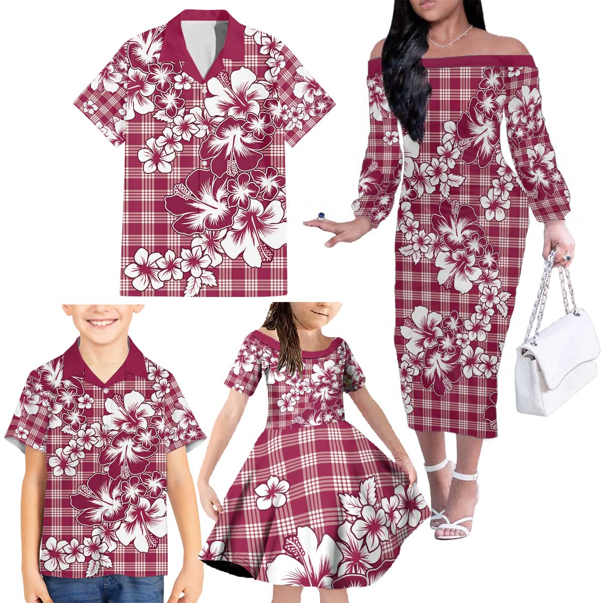 Hibiscus Pakala Royal Magenta Family Matching Off The Shoulder Long Sleeve Dress and Hawaiian Shirt Tropical Floral Stylized LT01 - Polynesian Pride