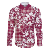 Hibiscus Pakala Royal Magenta Family Matching Off Shoulder Maxi Dress and Hawaiian Shirt Tropical Floral Stylized LT01 Dad's Shirt - Long Sleeve Magenta - Polynesian Pride
