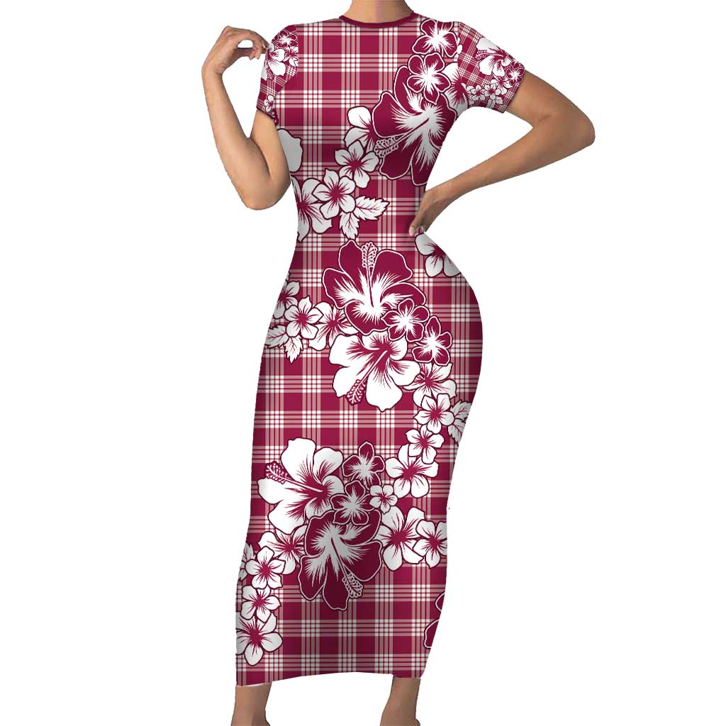 Hibiscus Pakala Royal Magenta Short Sleeve Bodycon Dress Tropical Floral Stylized LT01 Long Dress Magenta - Polynesian Pride