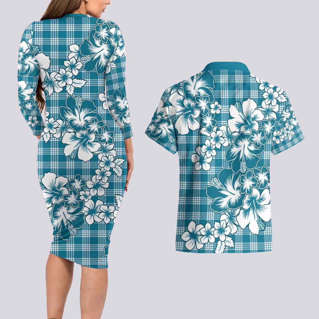 Hibiscus Pakala Ocean Depths Blue Couples Matching Long Sleeve Bodycon Dress and Hawaiian Shirt Tropical Floral Stylized - Polynesian Pride
