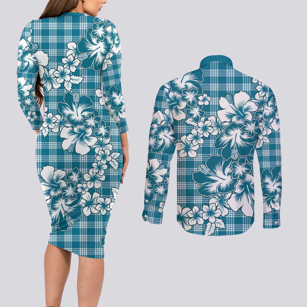 Hibiscus Pakala Ocean Depths Blue Couples Matching Long Sleeve Bodycon Dress and Long Sleeve Button Shirt Tropical Floral Stylized - Polynesian Pride