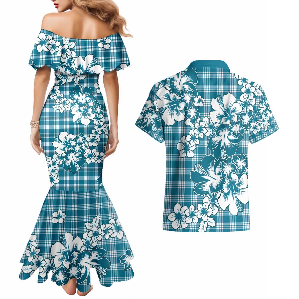 Hibiscus Pakala Ocean Depths Blue Couples Matching Mermaid Dress and Hawaiian Shirt Tropical Floral Stylized - Polynesian Pride