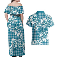 Hibiscus Pakala Ocean Depths Blue Couples Matching Off Shoulder Maxi Dress and Hawaiian Shirt Tropical Floral Stylized - Polynesian Pride
