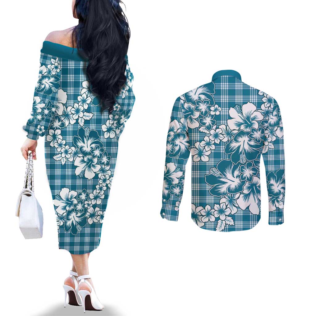Hibiscus Pakala Ocean Depths Blue Couples Matching Off The Shoulder Long Sleeve Dress and Long Sleeve Button Shirt Tropical Floral Stylized - Polynesian Pride